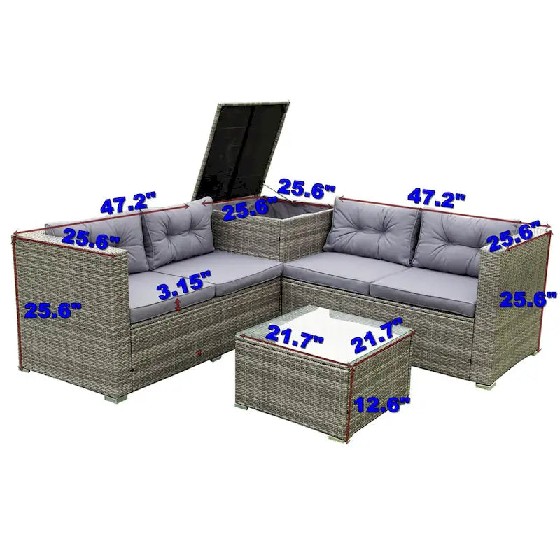 4 Piece Patio Sectional Wicker Rattan Sofa Set with Storage Box