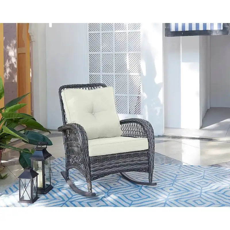 Manhattan Comfort Furttuo Steel Rattan Outdoor Rocking Chair with Cushions