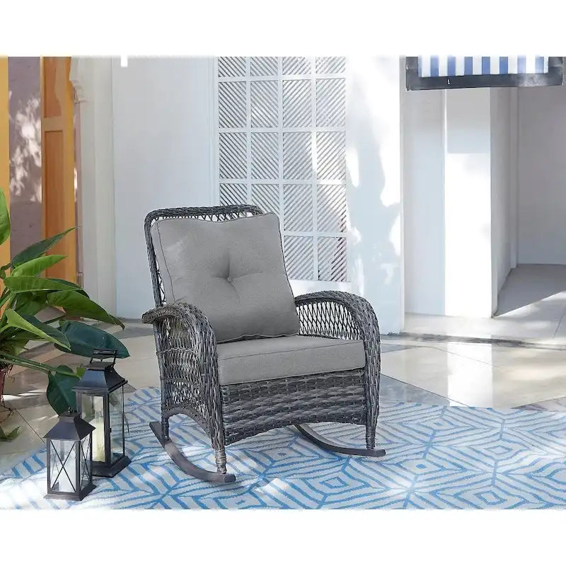 Manhattan Comfort Furttuo Steel Rattan Outdoor Rocking Chair with Cushions