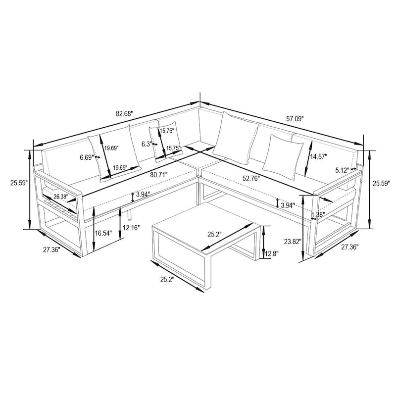 Chelsea 3-Piece Outdoor Aluminum Sectional Set in Black Frame for Patio Porch Backyard Garden