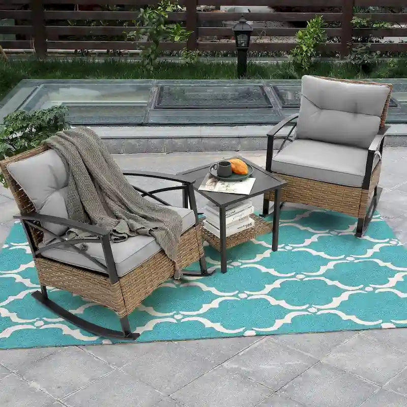 HOMEFUN 3-Piece Rattan/Wicker Outdoor Patio Rocking Cushions Chairs With Table