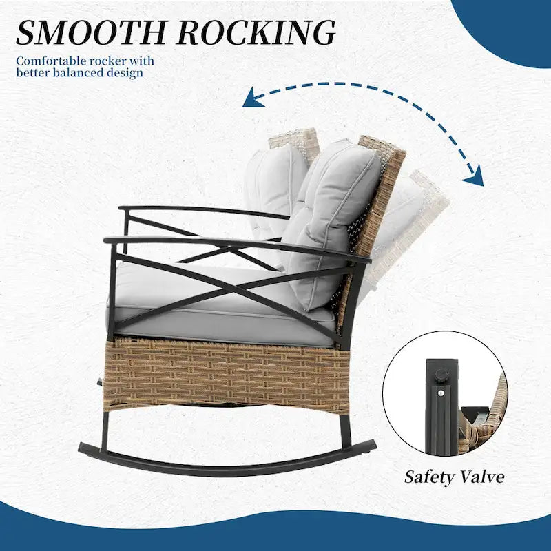 HOMEFUN 3-Piece Rattan/Wicker Outdoor Patio Rocking Cushions Chairs With Table