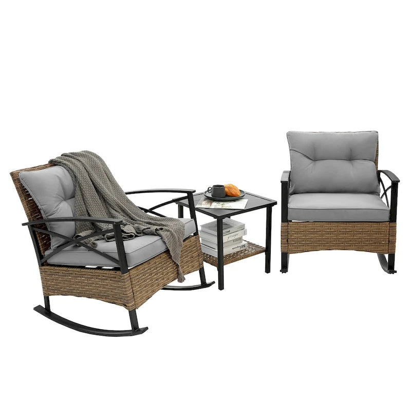 HOMEFUN 3-Piece Rattan/Wicker Outdoor Patio Rocking Cushions Chairs With Table