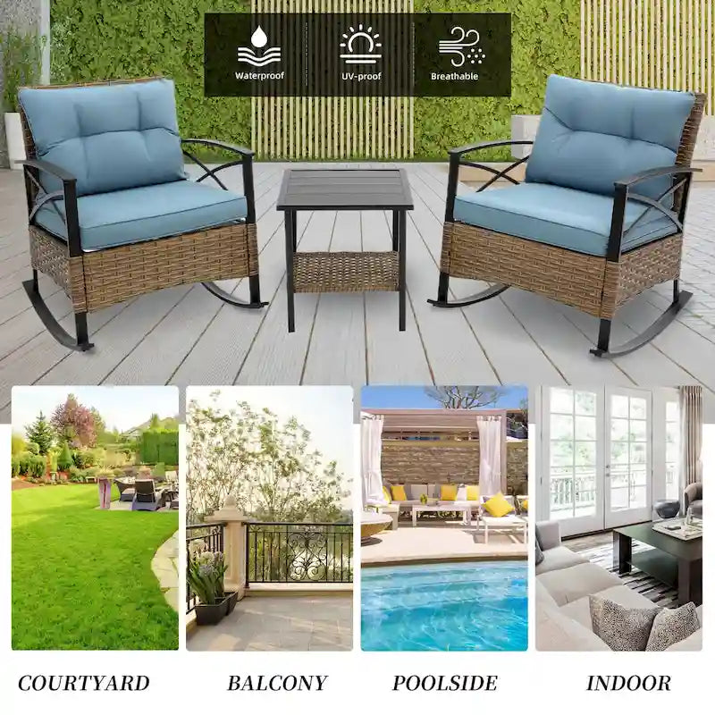 HOMEFUN 3-Piece Rattan/Wicker Outdoor Patio Rocking Cushions Chairs With Table