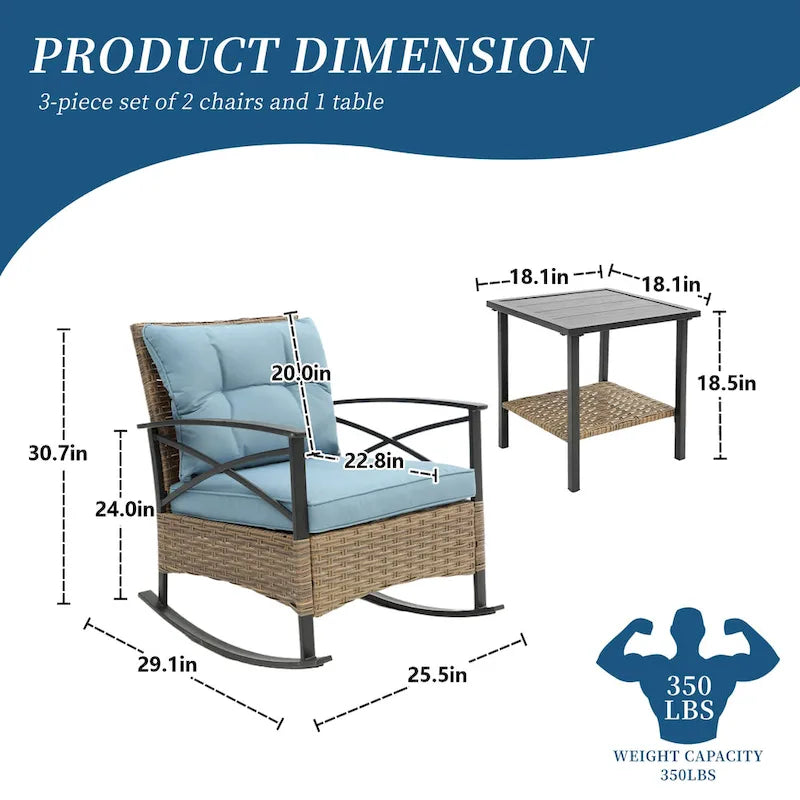 HOMEFUN 3-Piece Rattan/Wicker Outdoor Patio Rocking Cushions Chairs With Table