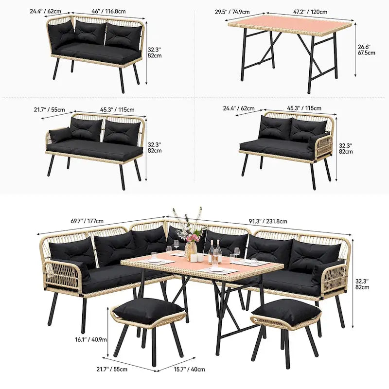 Moasis Black 6-Piece Patio Wicker Furniture Conversation Set - 6 PCS