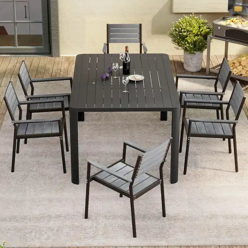 Outdoor Dining Furniture Extending Table with Extension Leaf, Stackable Chairs, Aluminum - See Picture