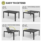 Outdoor Dining Furniture Extending Table with Extension Leaf, Stackable Chairs, Aluminum - See Picture