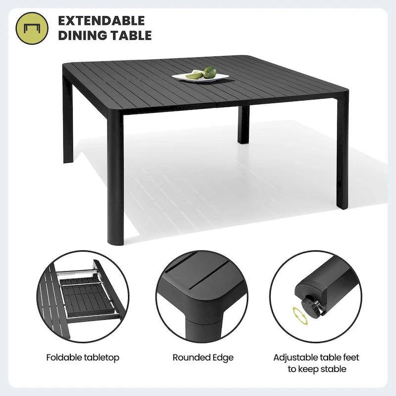 Outdoor Dining Furniture Extending Table with Extension Leaf, Stackable Chairs, Aluminum - See Picture