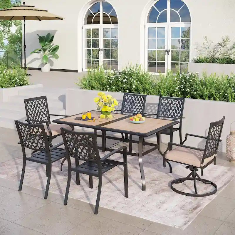 Black Metal Rectangular Dining Set - 6 Pieces with Swivel Chairs
