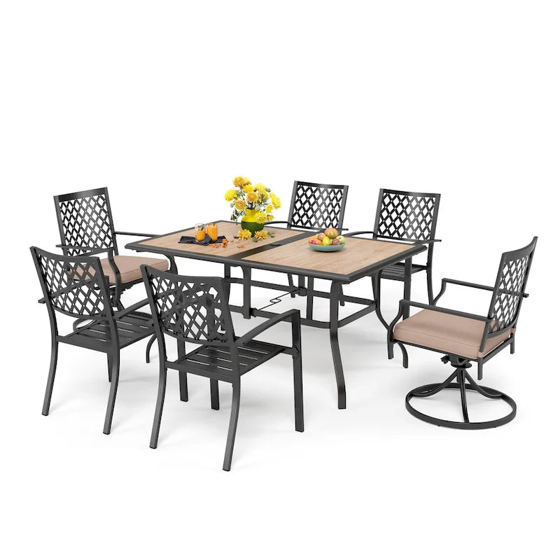 Black Metal Rectangular Dining Set - 6 Pieces with Swivel Chairs