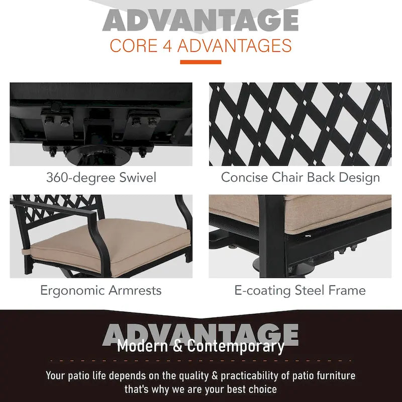 Black Metal Rectangular Dining Set - 6 Pieces with Swivel Chairs
