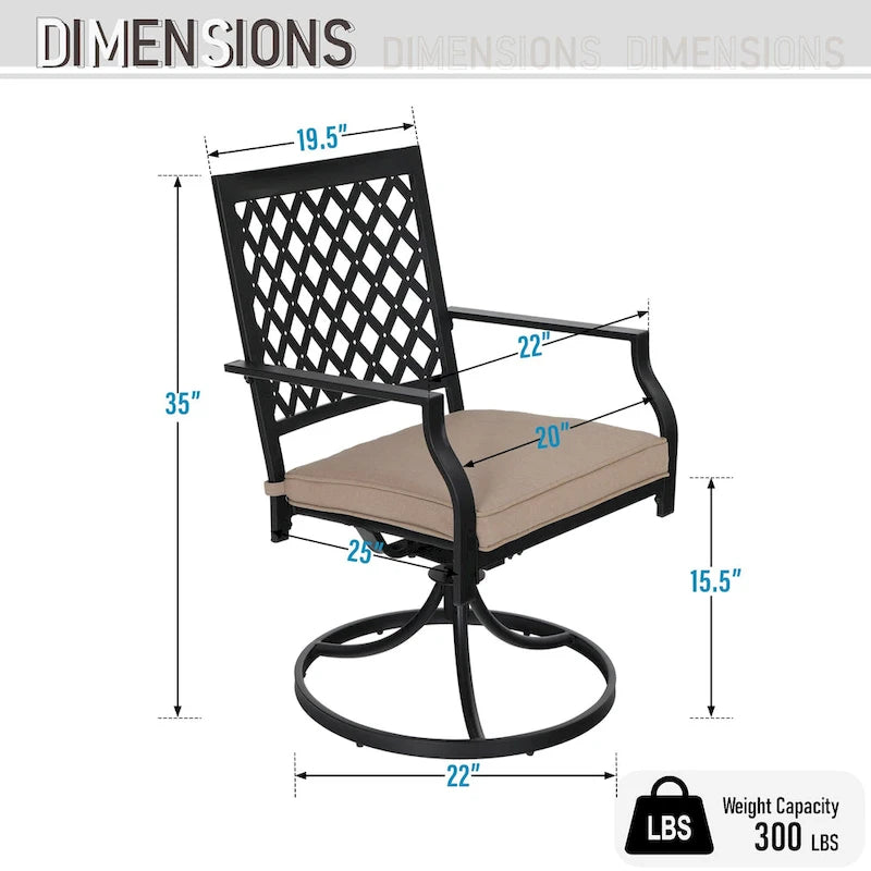 Black Metal Rectangular Dining Set - 6 Pieces with Swivel Chairs