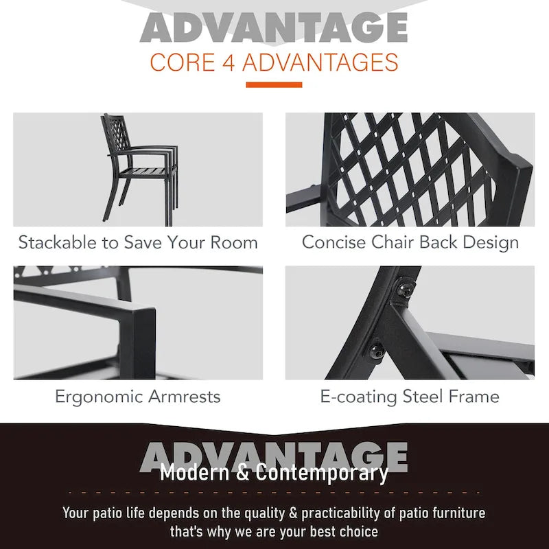 Black Metal Rectangular Dining Set - 6 Pieces with Swivel Chairs