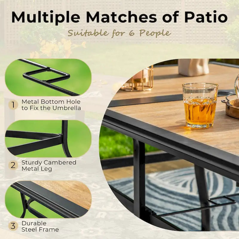 Black Metal Rectangular Dining Set - 6 Pieces with Swivel Chairs