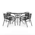 31.5  Square Glass Metal Table with 4 Metal Aluminum Slat Stack Chairs