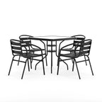 31.5  Square Glass Metal Table with 4 Metal Aluminum Slat Stack Chairs