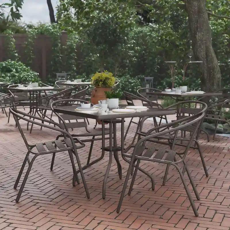 31.5  Square Glass Metal Table with 4 Metal Aluminum Slat Stack Chairs