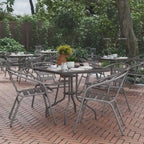 31.5  Square Glass Metal Table with 4 Metal Aluminum Slat Stack Chairs