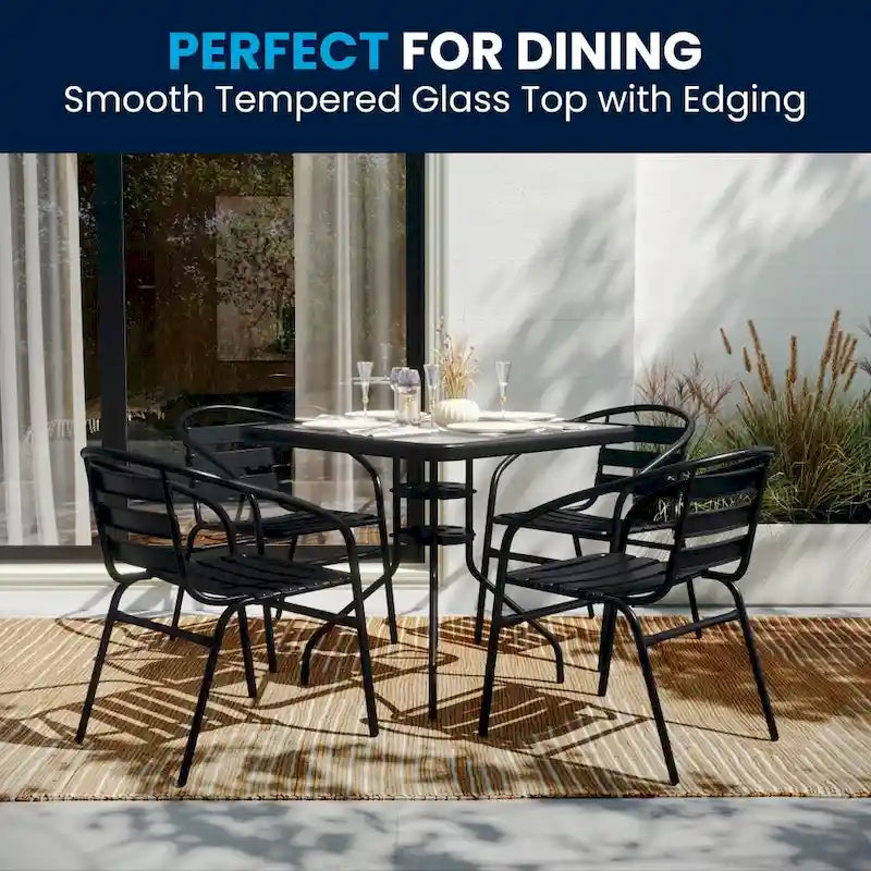 31.5  Square Glass Metal Table with 4 Metal Aluminum Slat Stack Chairs