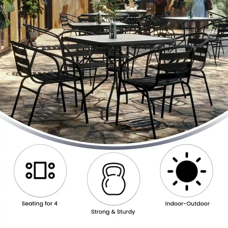 31.5  Square Glass Metal Table with 4 Metal Aluminum Slat Stack Chairs