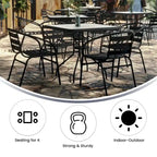 31.5  Square Glass Metal Table with 4 Metal Aluminum Slat Stack Chairs
