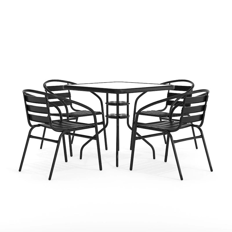 31.5  Square Glass Metal Table with 4 Metal Aluminum Slat Stack Chairs