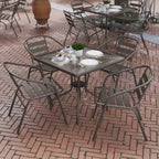 31.5  Square Glass Metal Table with 4 Metal Aluminum Slat Stack Chairs