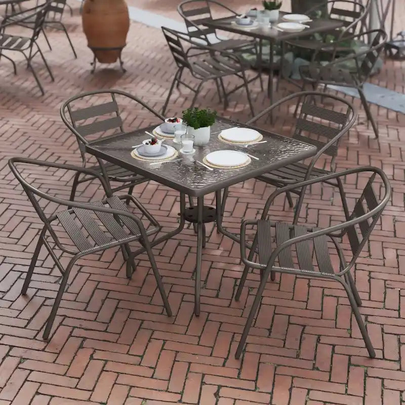 31.5  Square Glass Metal Table with 4 Metal Aluminum Slat Stack Chairs