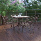 31.5  Square Glass Metal Table with 4 Metal Aluminum Slat Stack Chairs