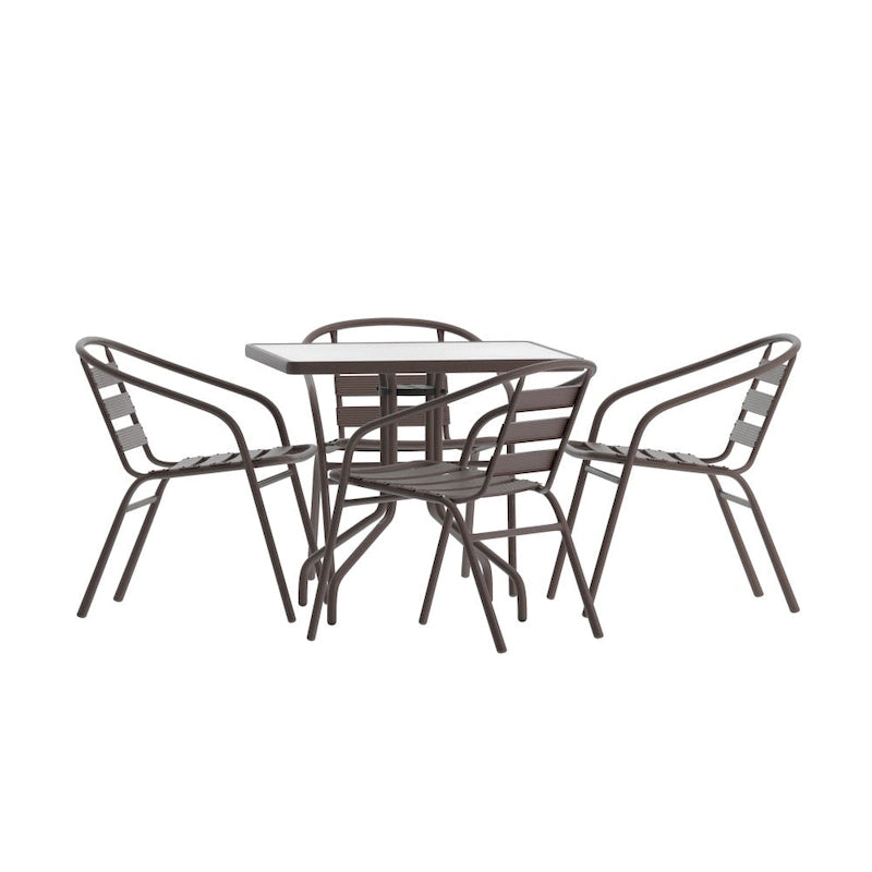 31.5  Square Glass Metal Table with 4 Metal Aluminum Slat Stack Chairs
