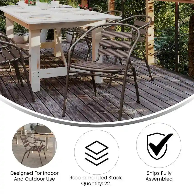 31.5  Square Glass Metal Table with 4 Metal Aluminum Slat Stack Chairs