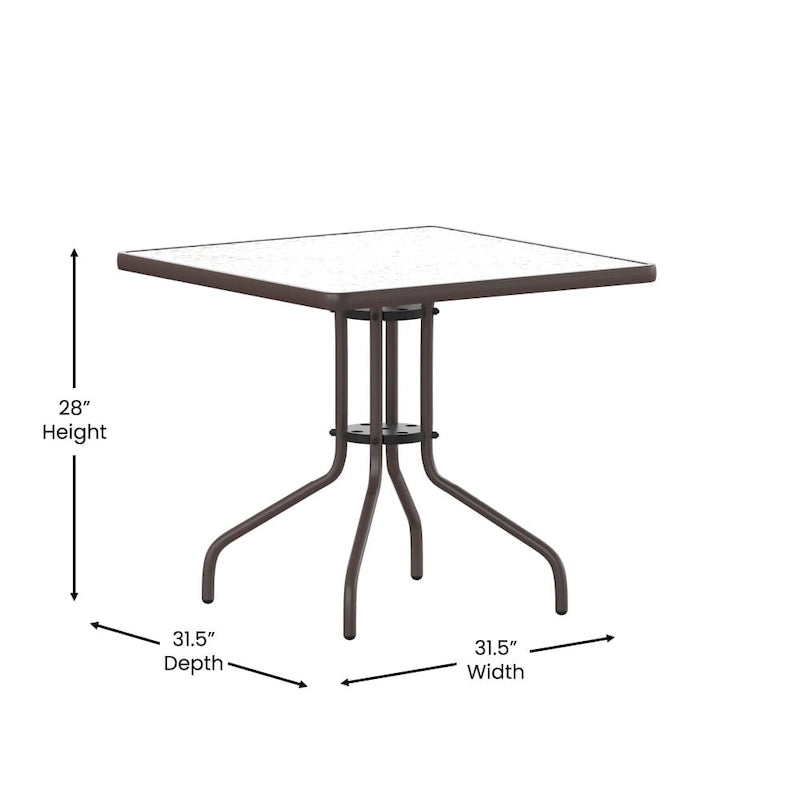 31.5  Square Glass Metal Table with 4 Metal Aluminum Slat Stack Chairs