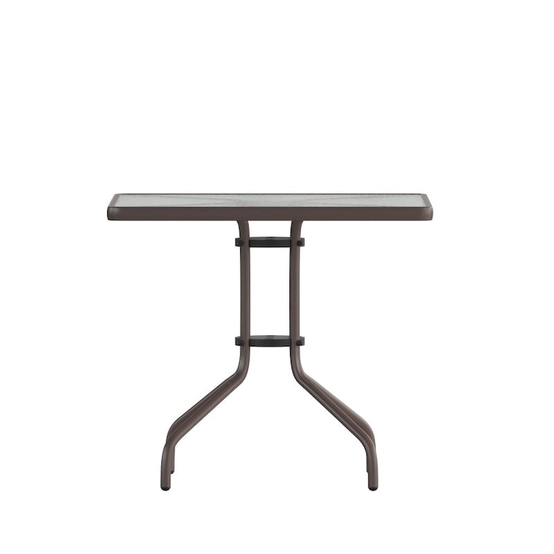 31.5  Square Glass Metal Table with 4 Metal Aluminum Slat Stack Chairs