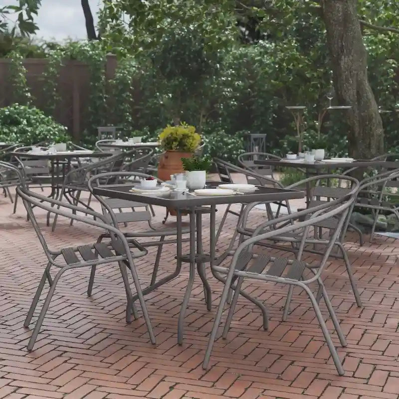 31.5  Square Glass Metal Table with 4 Metal Aluminum Slat Stack Chairs