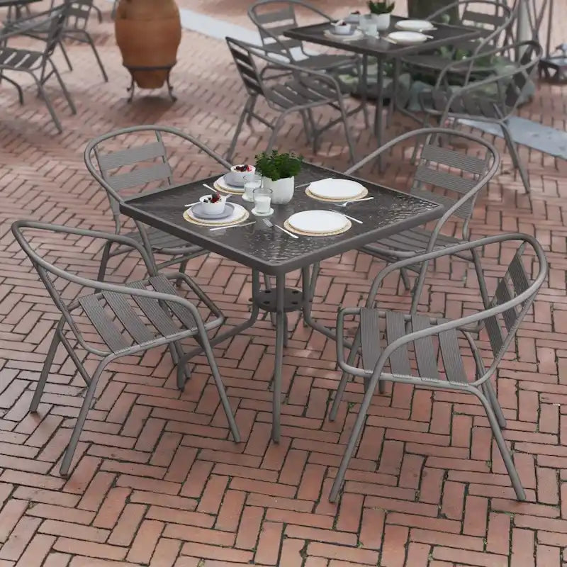 31.5  Square Glass Metal Table with 4 Metal Aluminum Slat Stack Chairs