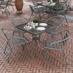 31.5  Square Glass Metal Table with 4 Metal Aluminum Slat Stack Chairs
