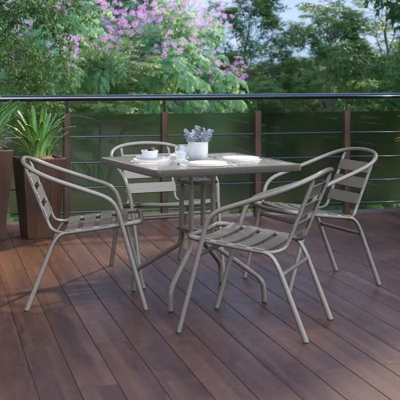 31.5  Square Glass Metal Table with 4 Metal Aluminum Slat Stack Chairs