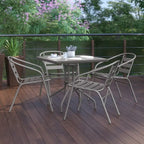 31.5  Square Glass Metal Table with 4 Metal Aluminum Slat Stack Chairs