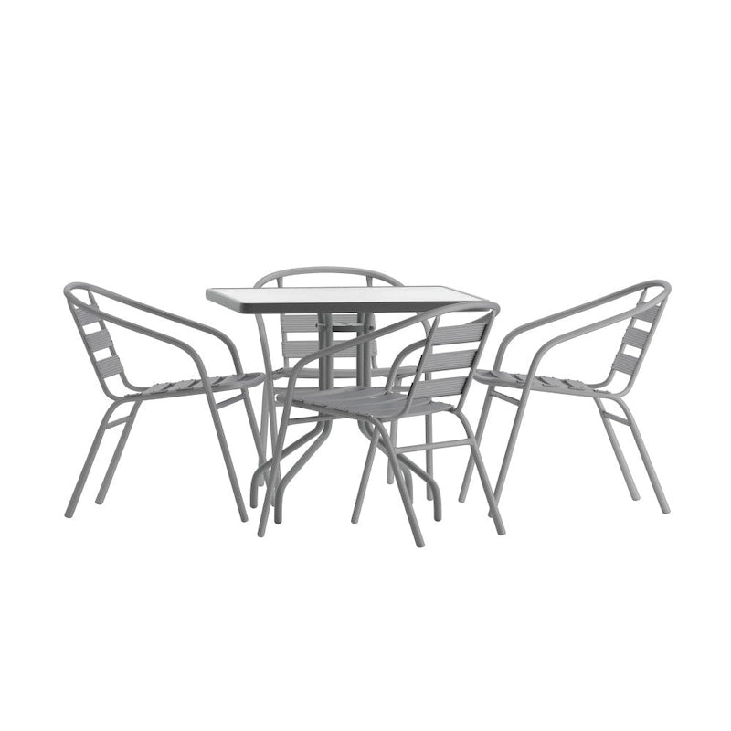 31.5  Square Glass Metal Table with 4 Metal Aluminum Slat Stack Chairs