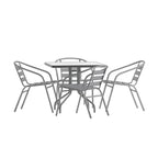 31.5  Square Glass Metal Table with 4 Metal Aluminum Slat Stack Chairs