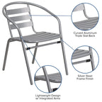 31.5  Square Glass Metal Table with 4 Metal Aluminum Slat Stack Chairs