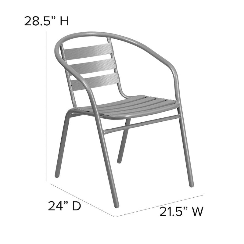31.5  Square Glass Metal Table with 4 Metal Aluminum Slat Stack Chairs