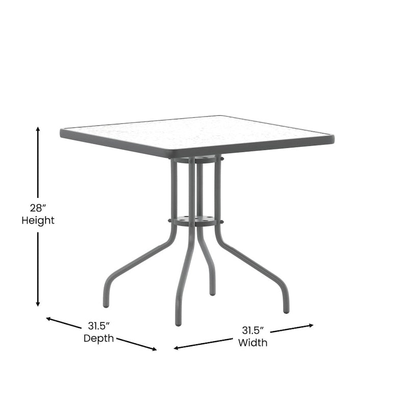 31.5  Square Glass Metal Table with 4 Metal Aluminum Slat Stack Chairs