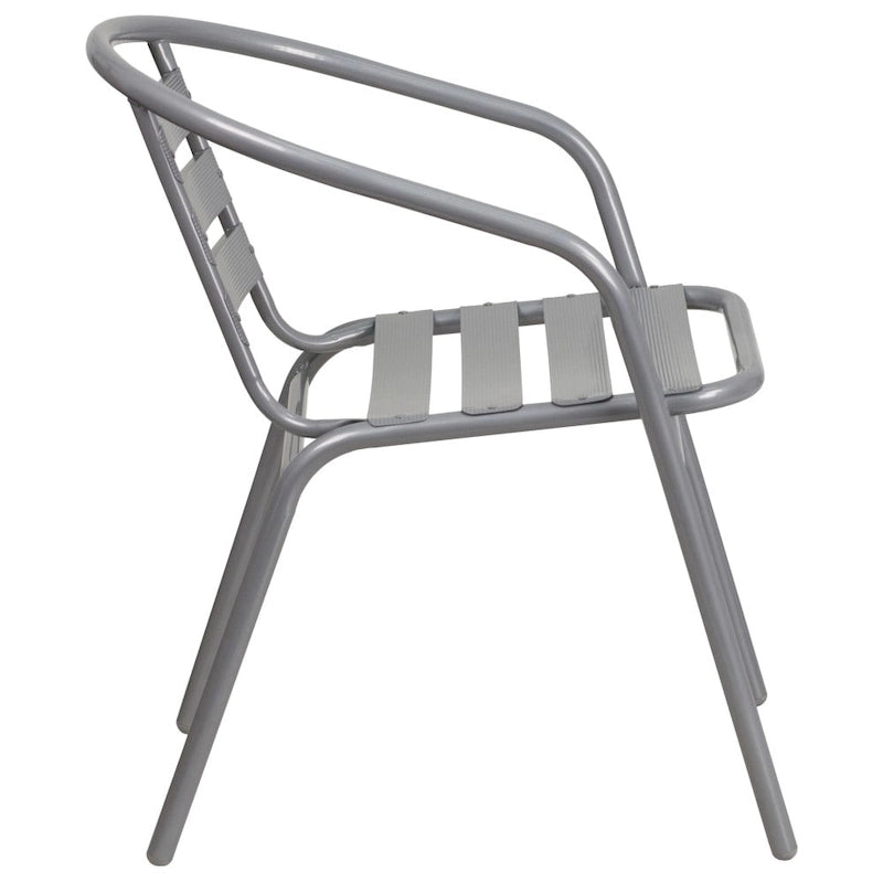 31.5  Square Glass Metal Table with 4 Metal Aluminum Slat Stack Chairs