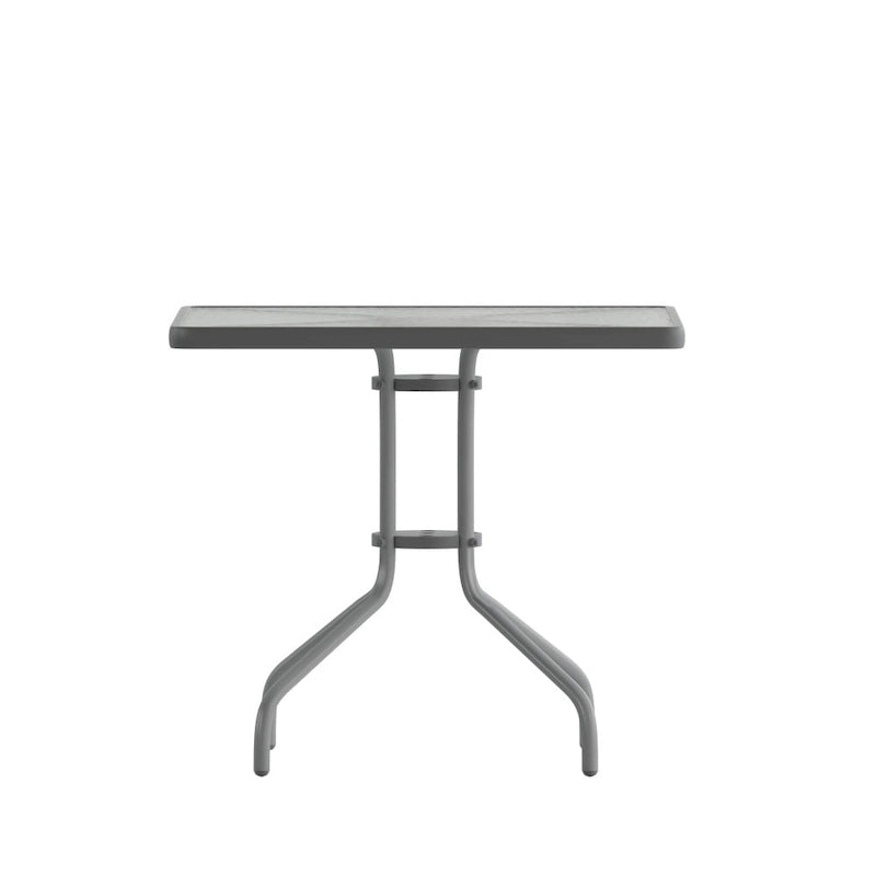 31.5  Square Glass Metal Table with 4 Metal Aluminum Slat Stack Chairs