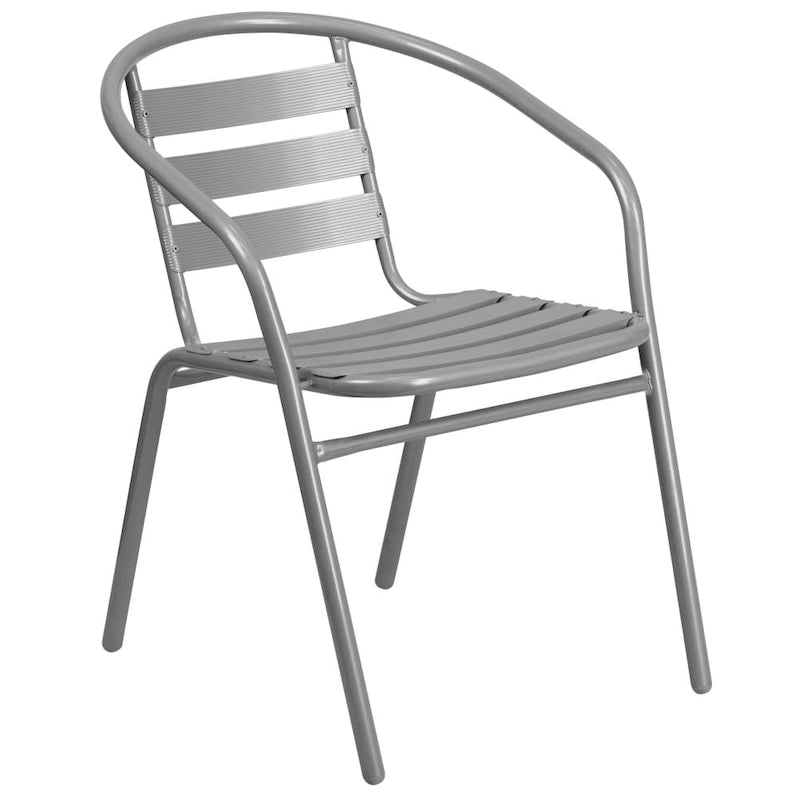 31.5  Square Glass Metal Table with 4 Metal Aluminum Slat Stack Chairs