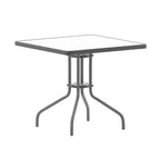 31.5  Square Glass Metal Table with 4 Metal Aluminum Slat Stack Chairs
