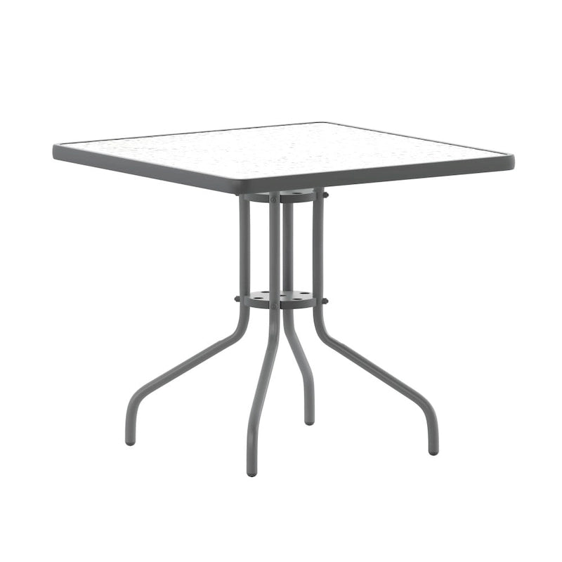 31.5  Square Glass Metal Table with 4 Metal Aluminum Slat Stack Chairs