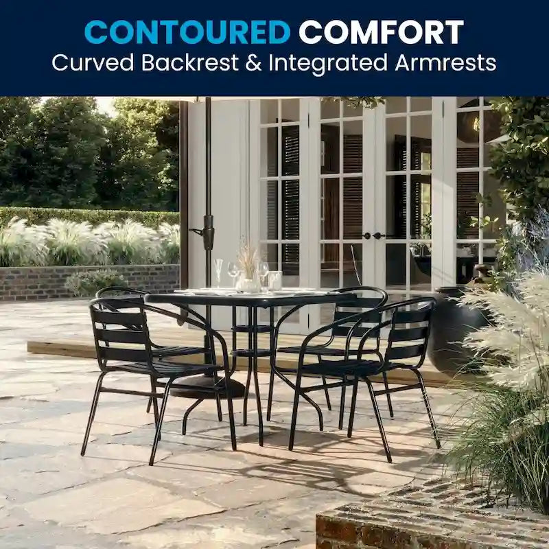 31.5  Square Glass Metal Table with 4 Metal Aluminum Slat Stack Chairs